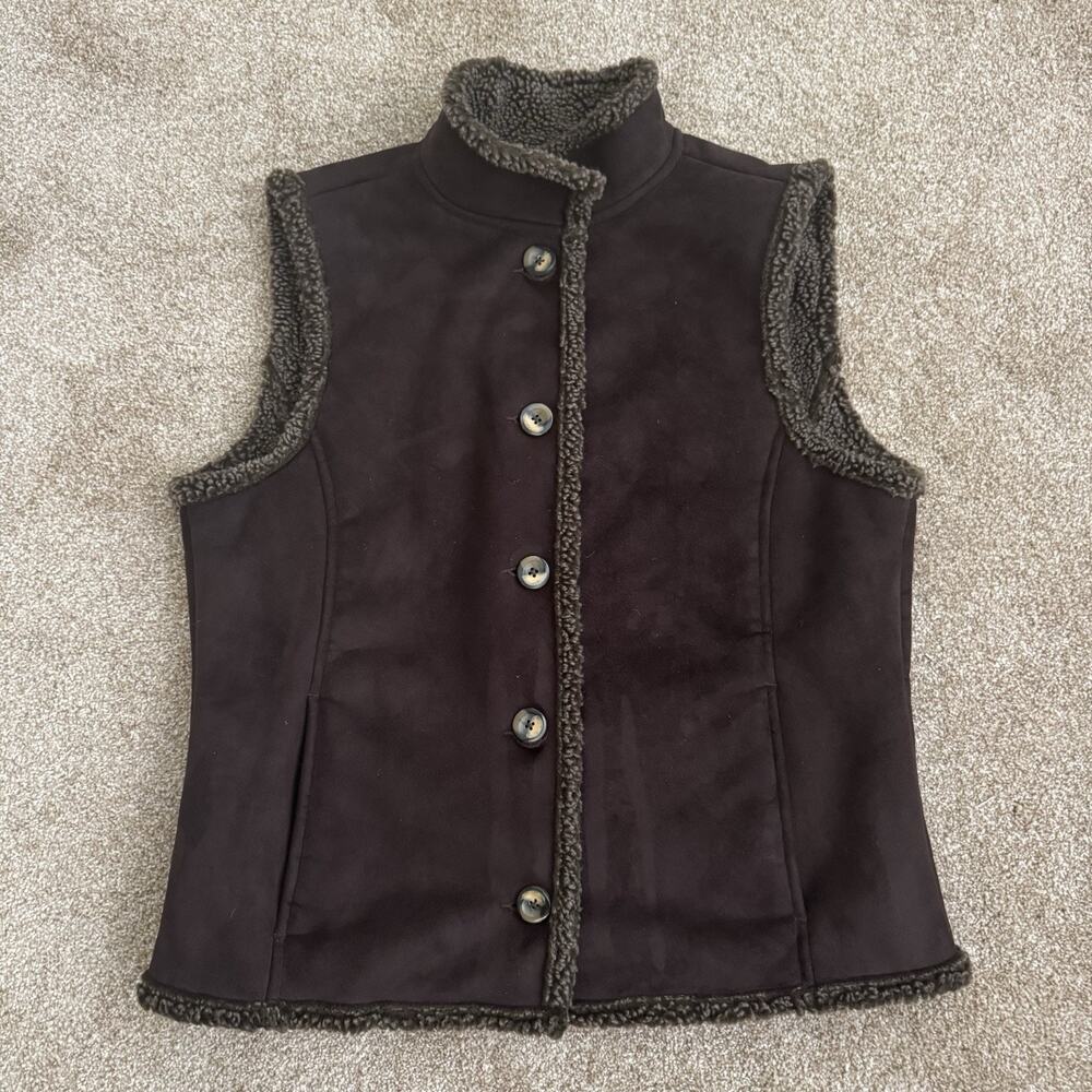 LL Bean Women's Sherpa Lined Faux Suede Vest Brown Size M